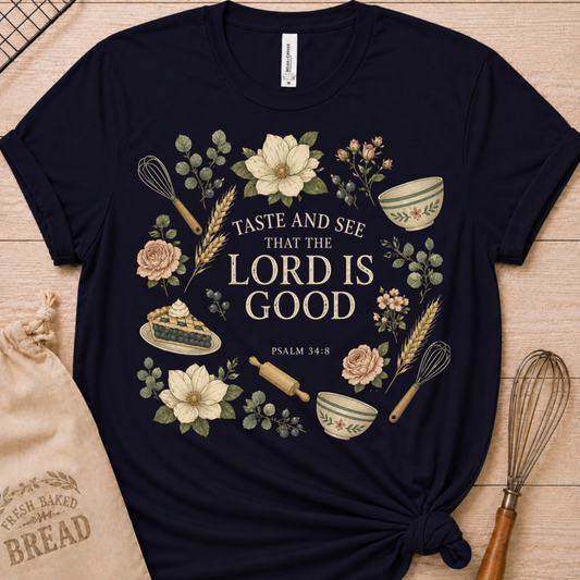 Navy women's relaxed fit t-shirt with Taste and See from Psalm 34:8 inside a soft botanical wreath.