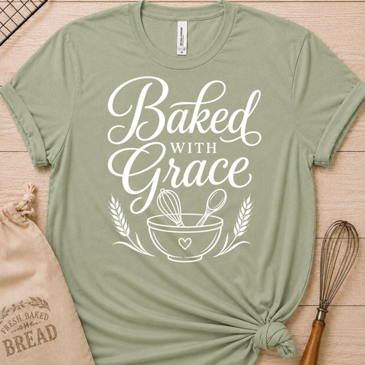 Sage green women's relaxed fit t-shirt with Baked with Grace in white script above a mixing bowl with a whisk and wooden spoon.