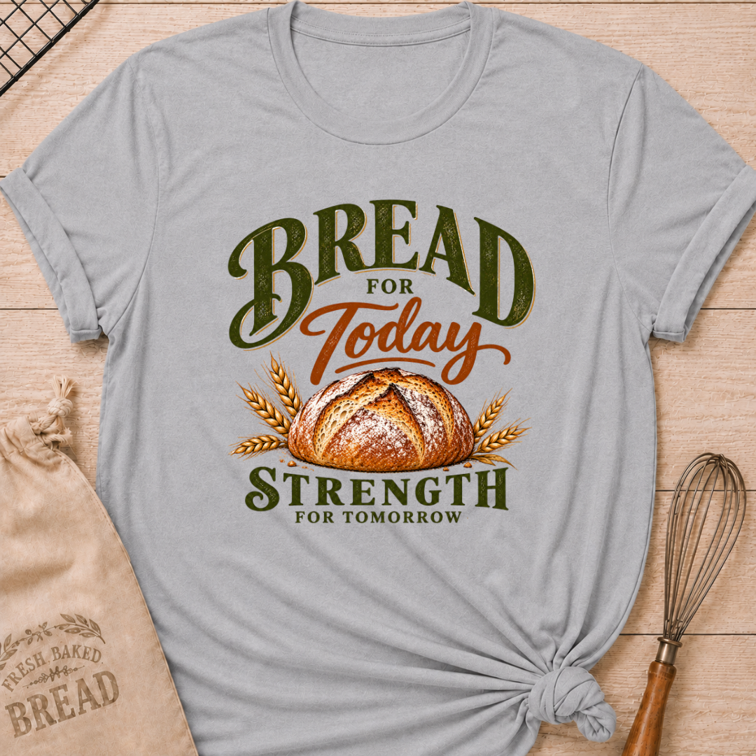 Athletic Heather women's relaxed fit tee with a golden artisan loaf and wheat in rich earthy tones, with bold vintage Bread for Today, Strength for Tomorrow lettering