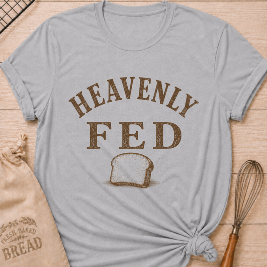 Athletic Heather Heavenly Fed women's relaxed fit tee with bold vintage lettering and a slice of homemade bread