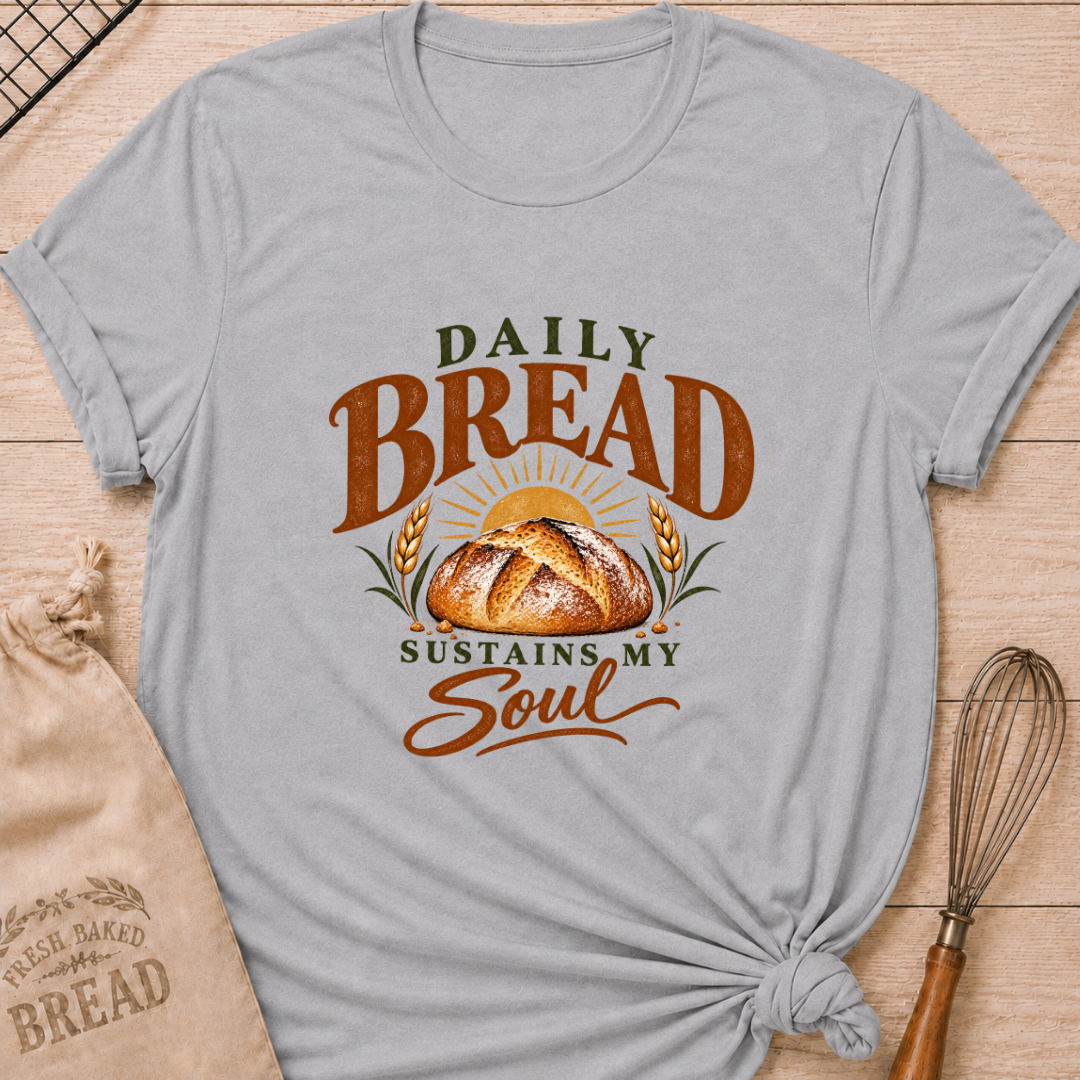 Athletic Heather women's relaxed fit tee with Daily Bread Sustains My Soul lettering around a golden artisan loaf beneath a rising sun, framed by wheat in rich earthy tones