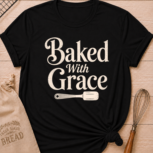 Black Baked with Grace women's relaxed fit tee with bold vintage lettering and a classic baking spatula