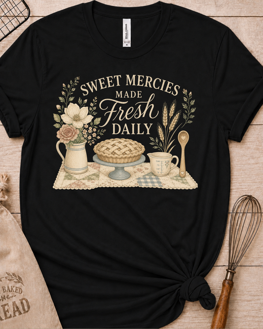 Black women's relaxed fit t-shirt reading Sweet Mercies Made Fresh Daily above a lattice-top pie on a cake stand with a flower pitcher, measuring cup, and wooden spoon.