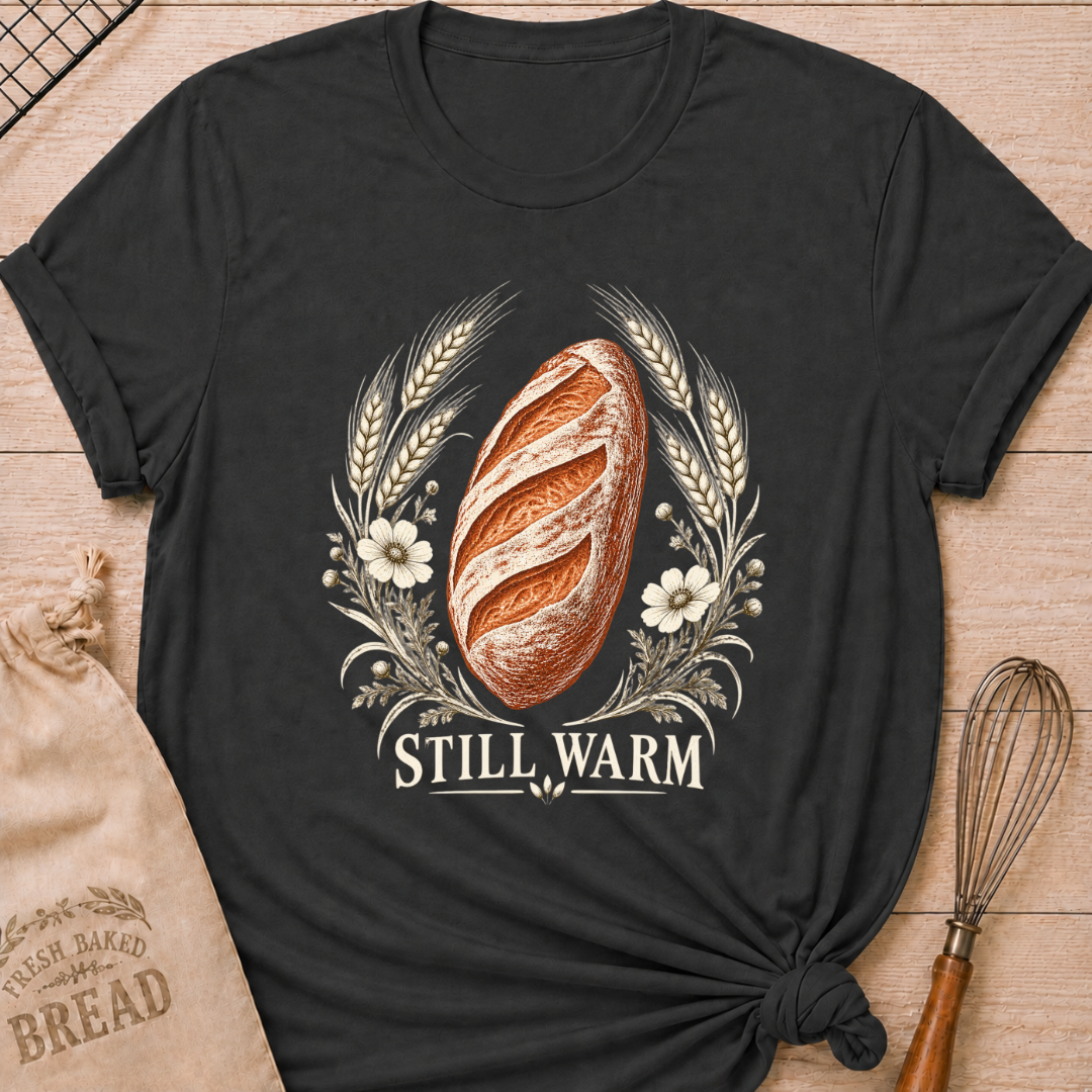 Dark Heather Grey women's relaxed fit tee with a freshly baked artisan loaf framed by wheat and soft wildflowers in an old world engraved style, with Still Warm lettering