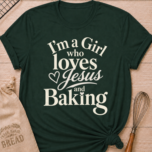 Forest Green I'm a Girl Who Loves Jesus and Baking women's relaxed fit tee with warm vintage typography