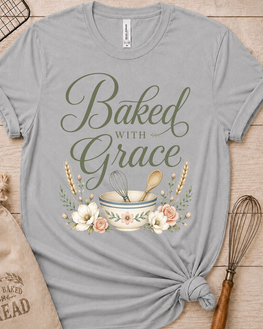 Heather grey women's relaxed fit t-shirt with Baked with Grace in script surrounded by golden wheat stalks and soft watercolor florals.