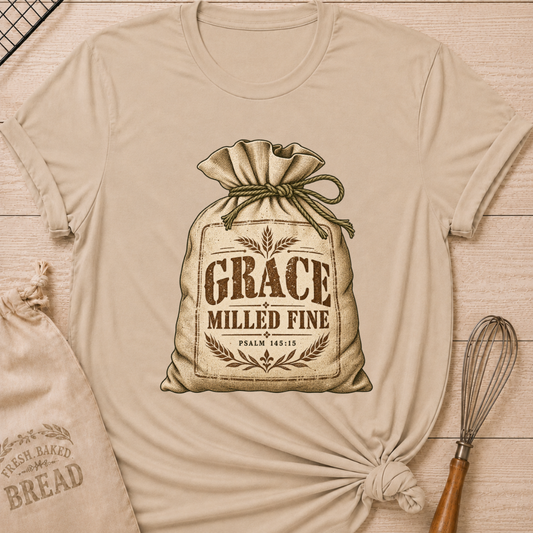 Heather Stone women's relaxed fit tee with a vintage flour sack tied with rope, detailed with wheat motifs, Grace Milled Fine lettering and Psalm 145:15