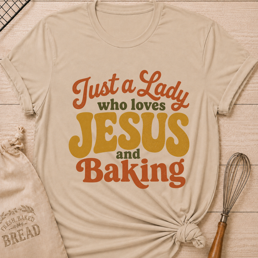 Heather Stone Just A Lady Who Loves Jesus And Baking women's relaxed fit tee with playful retro typography in warm vintage colors