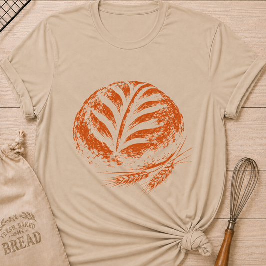 Heather Stone women's relaxed fit tee with a beautifully scored artisan loaf and classic wheat stalks in a warm distressed finish