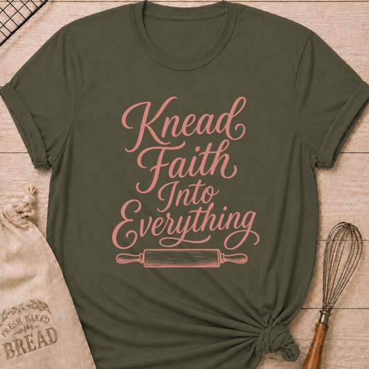 Military green women's relaxed fit t-shirt with Knead Faith Into Everything in graceful script and a classic rolling pin.