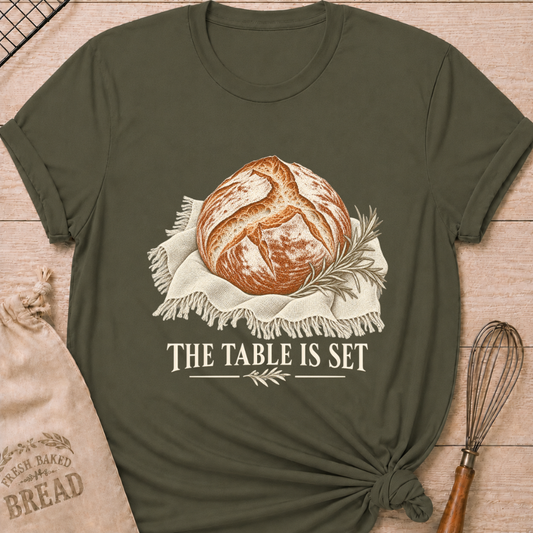 Military Green women's relaxed fit tee with a rustic artisan loaf resting on softly draped linen with a rosemary sprig and The Table Is Set lettering
