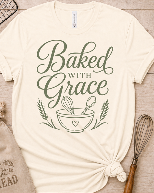 Natural cream women's relaxed fit t-shirt with Baked with Grace in green script above a mixing bowl with a whisk and wooden spoon.