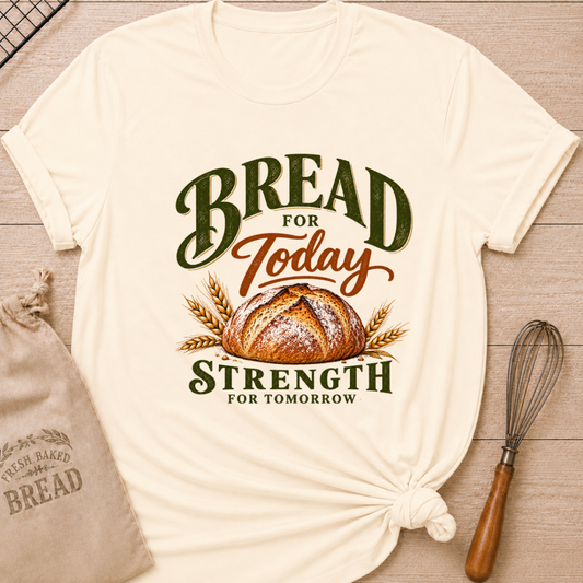 Natural women's relaxed fit tee with a golden artisan loaf and wheat in rich earthy tones, with bold vintage Bread for Today, Strength for Tomorrow lettering