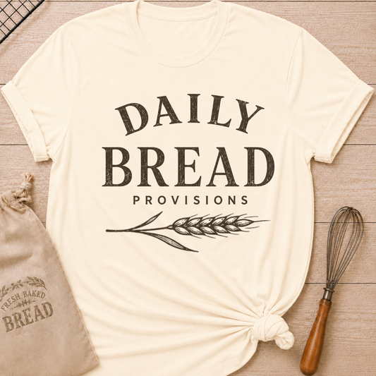 Natural Daily Bread Provisions women's relaxed fit tee with bold vintage lettering and a classic wheat stalk