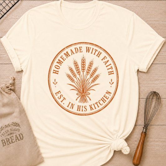 Natural women's relaxed fit t-shirt with the words Homemade with Faith in a vintage market emblem around a tied bundle of wheat.