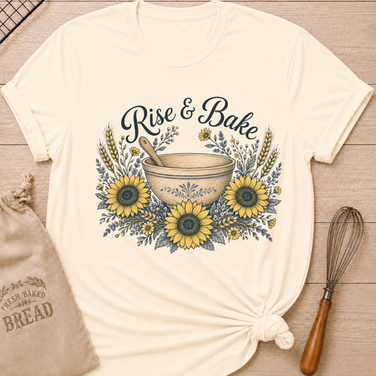 Natural Rise and Bake women's relaxed fit tee with a vintage mixing bowl, wooden spoon, sunflowers, and wheat