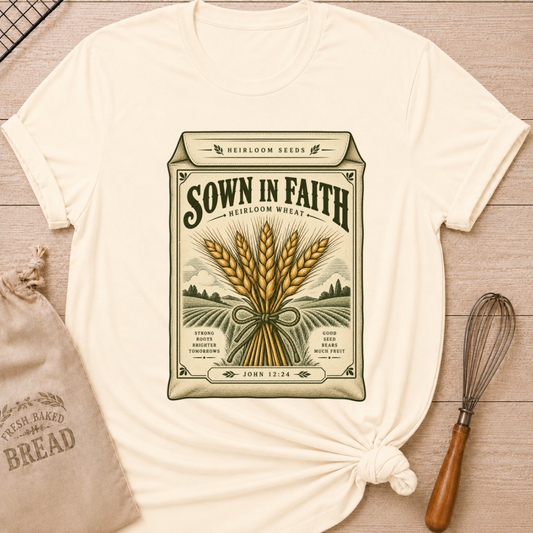 Natural women's relaxed fit tee with a vintage heirloom seed packet design, golden wheat, rolling fields and John 12:24 woven into the artwork beneath Sown in Faith lettering