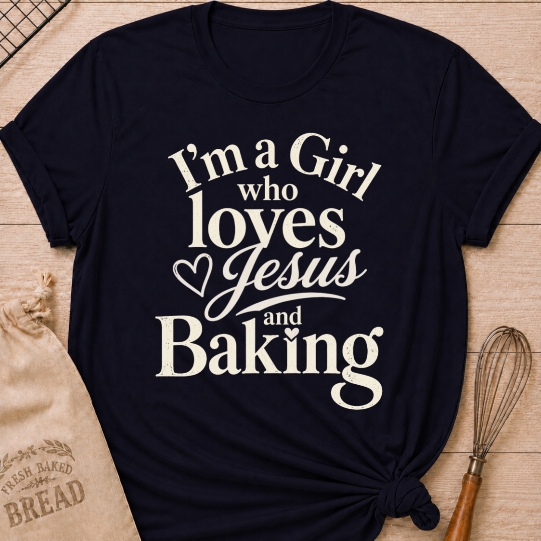 Navy I'm a Girl Who Loves Jesus and Baking women's relaxed fit tee with warm vintage typography
