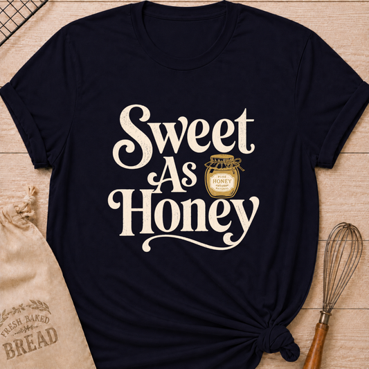 Navy women's relaxed fit t-shirt with the words Sweet as Honey in playful vintage lettering and a jar of golden honey.