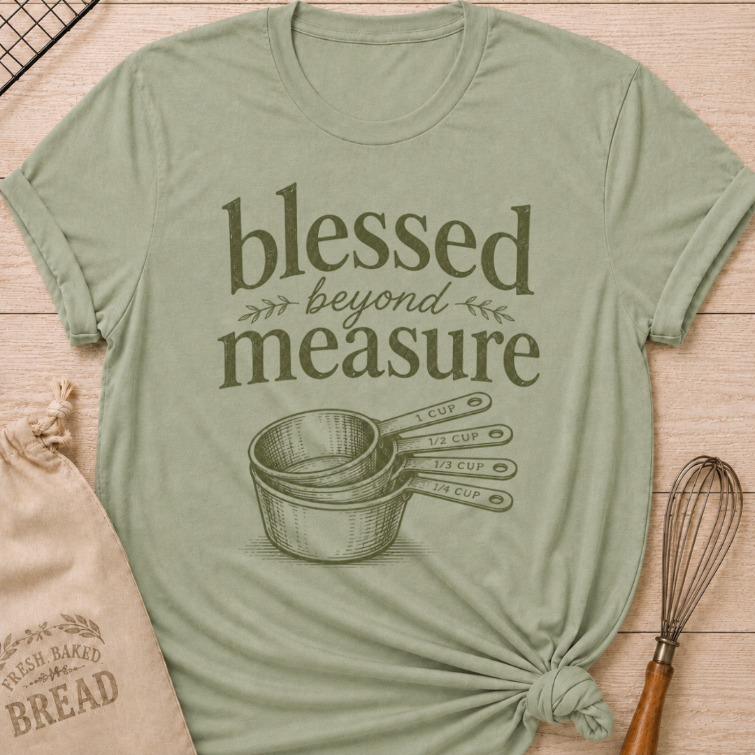 Sage green women's relaxed fit t-shirt with the words Blessed Beyond Measure in vintage lettering and a stack of measuring cups.