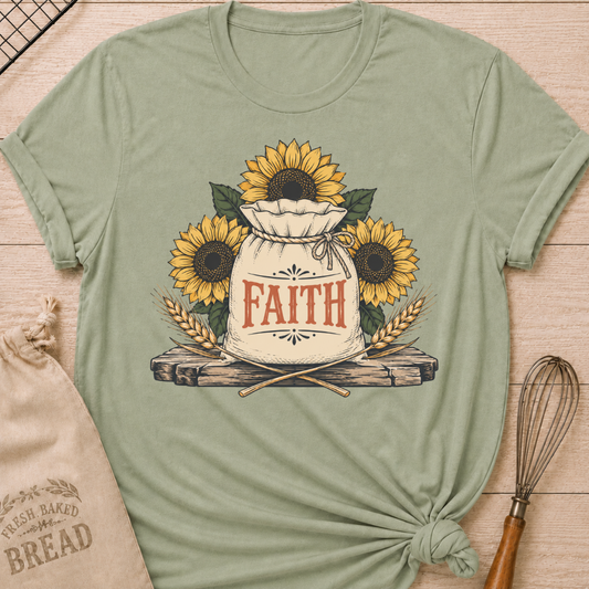 Sage Faith and Sunflowers women's relaxed fit tee with a rustic grain sack, bright sunflowers, and golden wheat