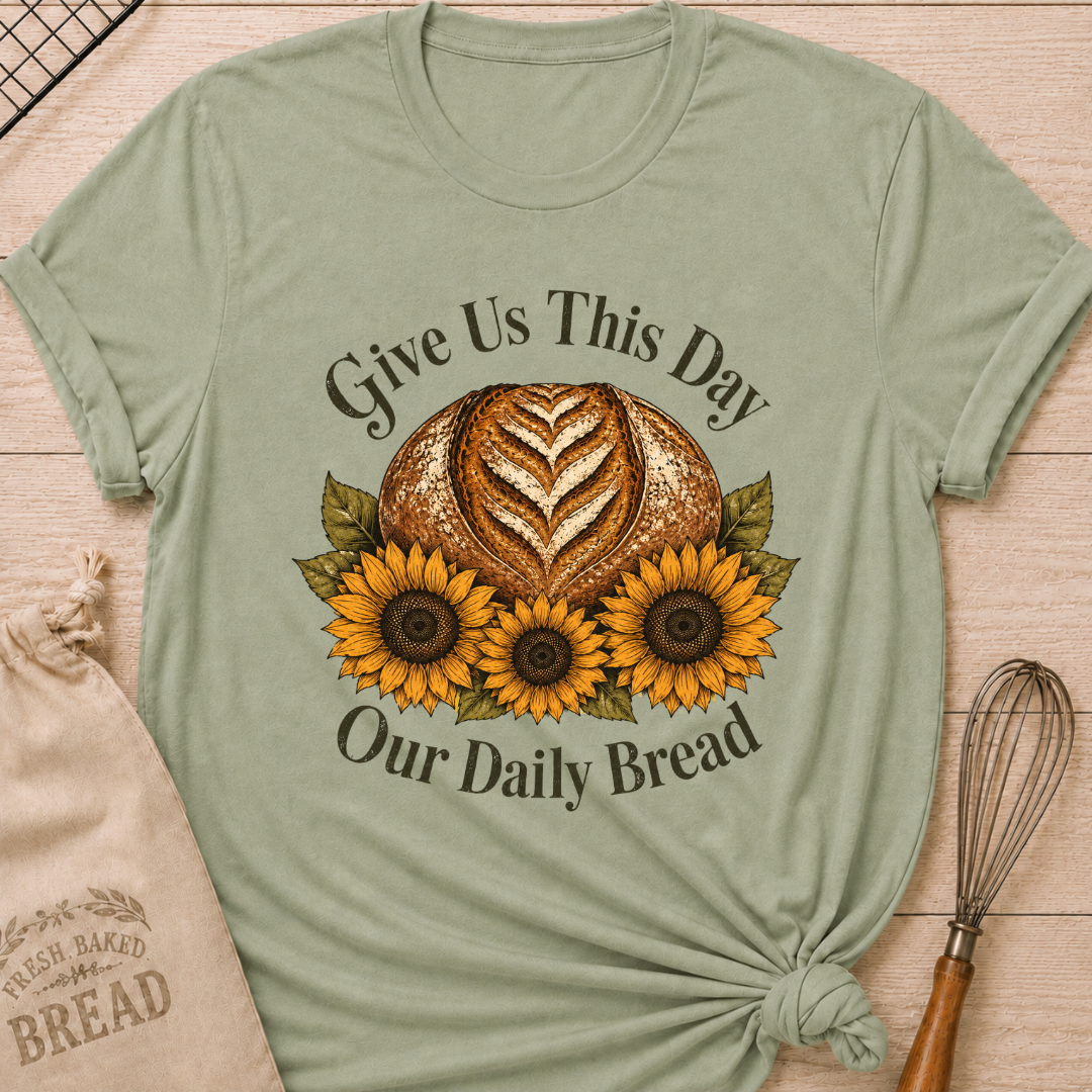 A sage green short-sleeve t-shirt with a rustic graphic of a loaf of bread and three sunflowers, with the text 'Give Us This Day Our Daily Bread'. The shirt is styled in a flat-lay on a light wood background with a beige drawstring bag and a whisk. Women's relaxed fit sage green t-shirt laid flat on a light wood surface, featuring a faith-inspired graphic of a rustic sourdough boule with a heart-shaped wheat score surrounded by three golden sunflowers and deep olive green leaves