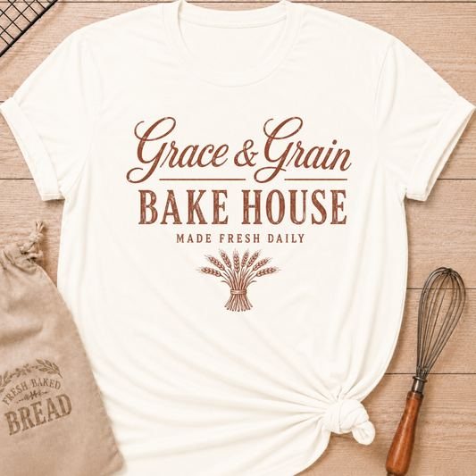 Vintage White Grace and Grain Bake House women's relaxed fit tee with vintage lettering and a bundle of wheat