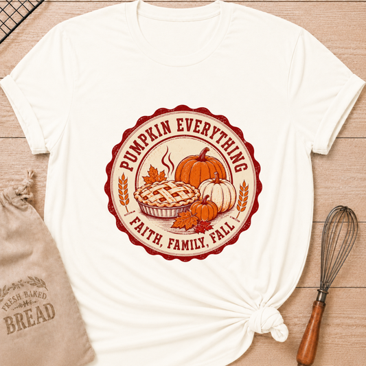 Vintage White women's relaxed fit tee with a steaming lattice pie surrounded by pumpkins, autumn leaves and wheat in a vintage harvest badge, with Pumpkin Everything and Faith, Family, Fall lettering