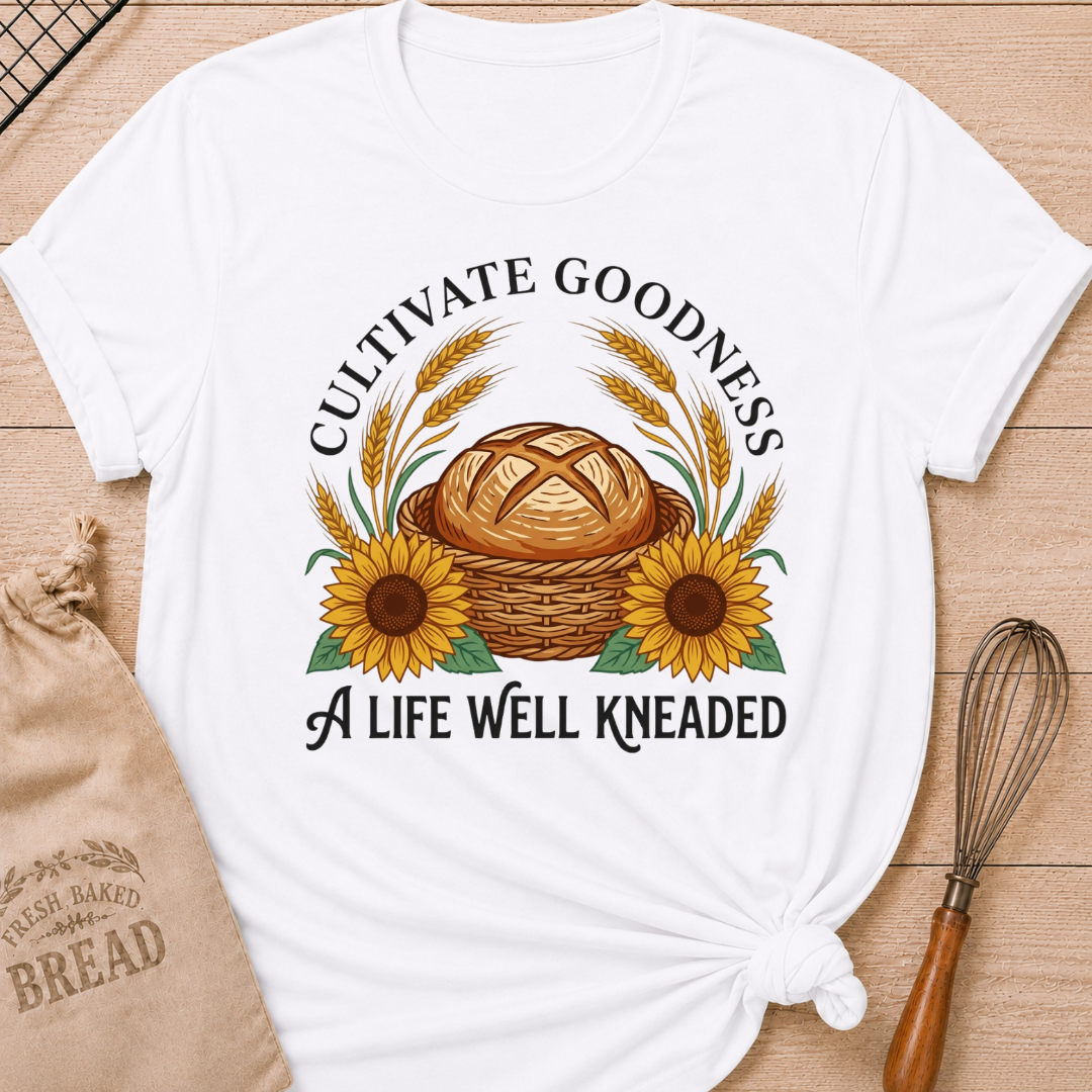 White Cultivate Goodness, A Life Well Kneaded women's relaxed fit tee with a rustic bread basket, golden wheat, and cheerful sunflowers