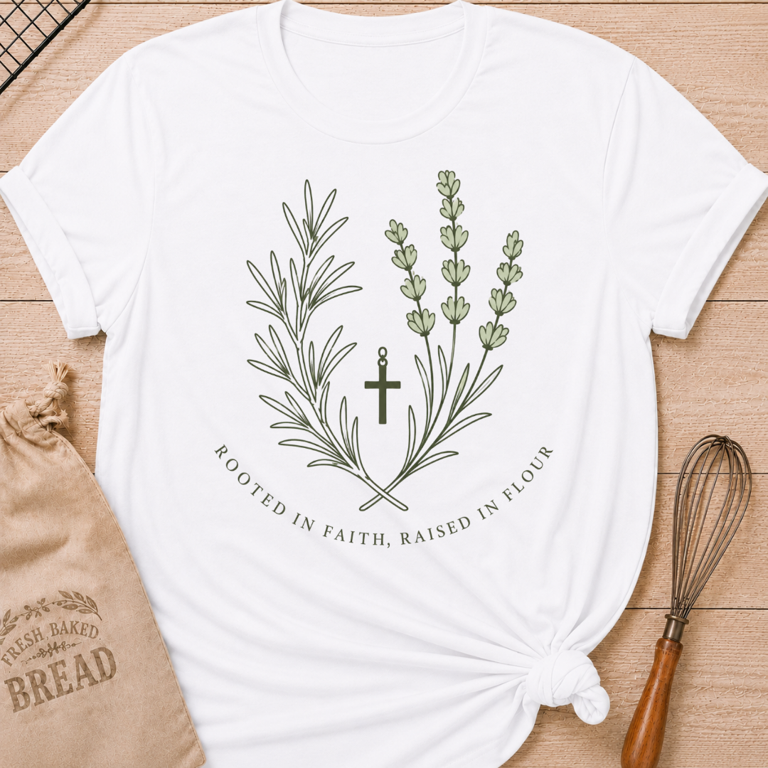 White women's relaxed fit t-shirt with rosemary, lavender and a simple cross and the words Rooted in Faith, Raised in Flour.