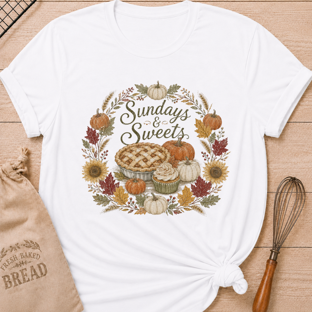 White women's relaxed fit tee with Sundays and Sweets lettering in a vintage harvest wreath of pumpkins, sunflowers, wheat and colorful fall leaves around a lattice pie and frosted cupcake