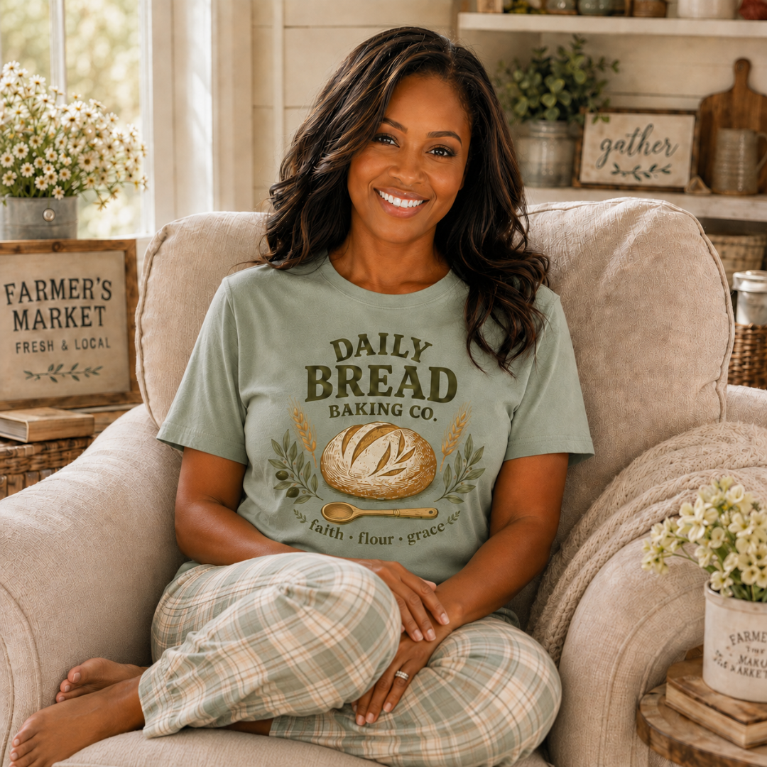 Woman in a cream armchair holding a latte, wearing a natural white tee that reads 'Butter, Flour & God's Favor' with a floral and baking-themed graphic
