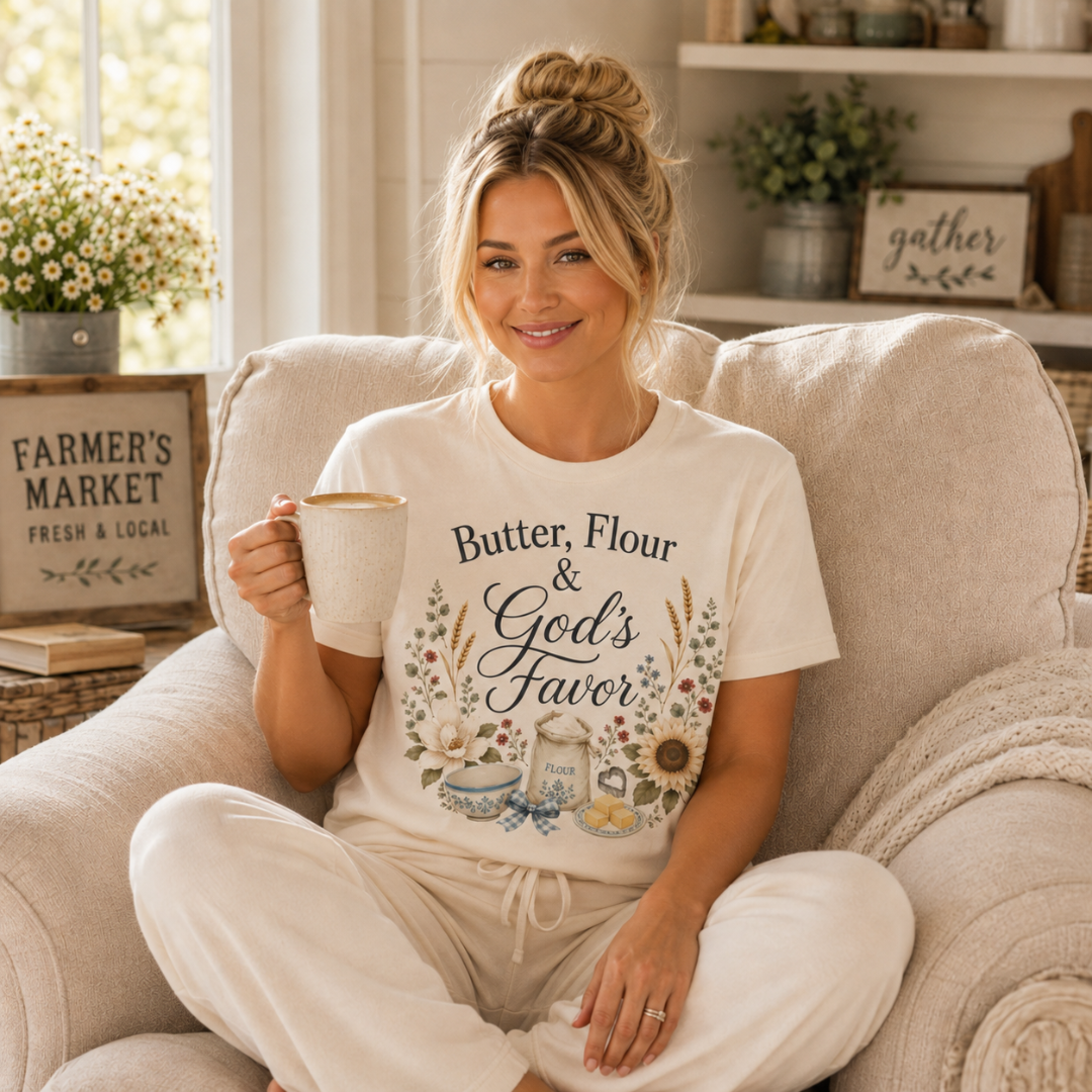 Woman in a cream armchair holding a latte, wearing a natural white tee that reads 'Butter, Flour & God's Favor' with a floral and baking-themed graphic