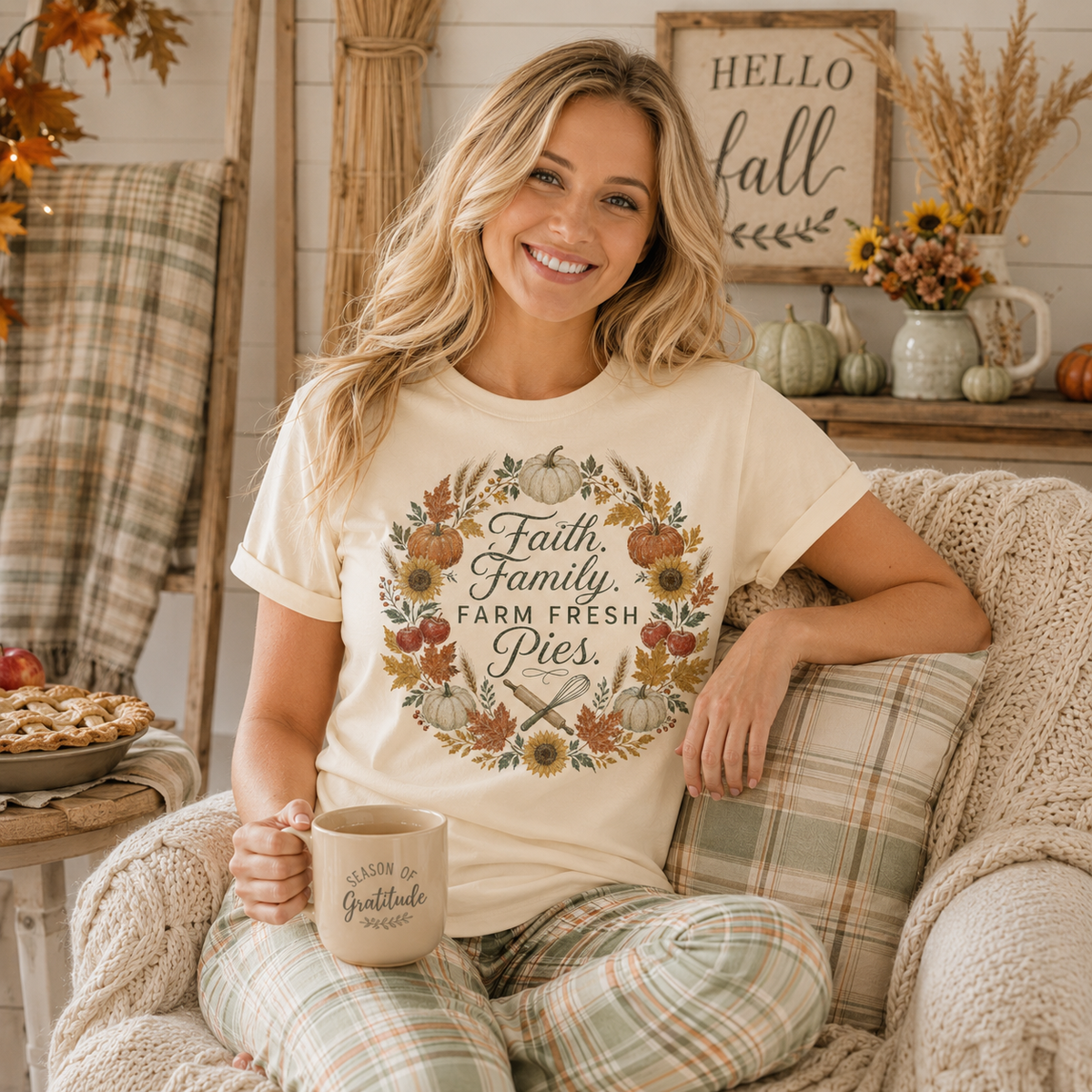 Woman sitting in a cozy armchair wearing a cream graphic tee that reads 'Faith. Family. Farm Fresh Pies.' surrounded by fall harvest decor including pumpkins, sunflowers, and a Hello Fall sign, holding a Season of Gratitude mug.