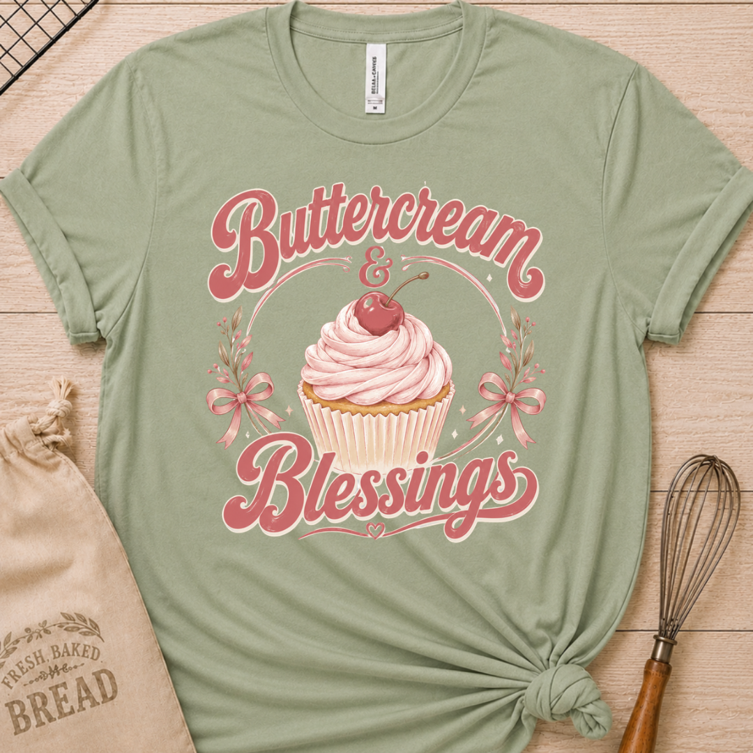 Sage green women's relaxed fit t-shirt reading Buttercream and Blessings with a frosted cupcake illustration.