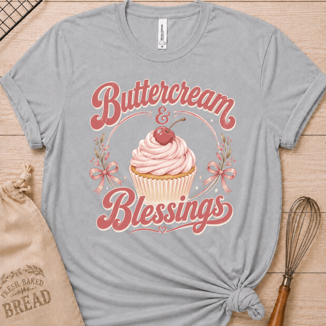 Athletic heather women's relaxed fit t-shirt reading Buttercream and Blessings with a frosted cupcake illustration.