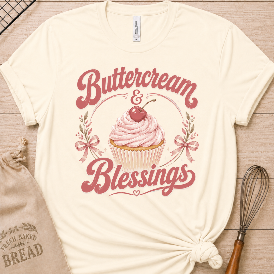 Natural cream women's relaxed fit t-shirt reading Buttercream and Blessings with a frosted cupcake illustration.