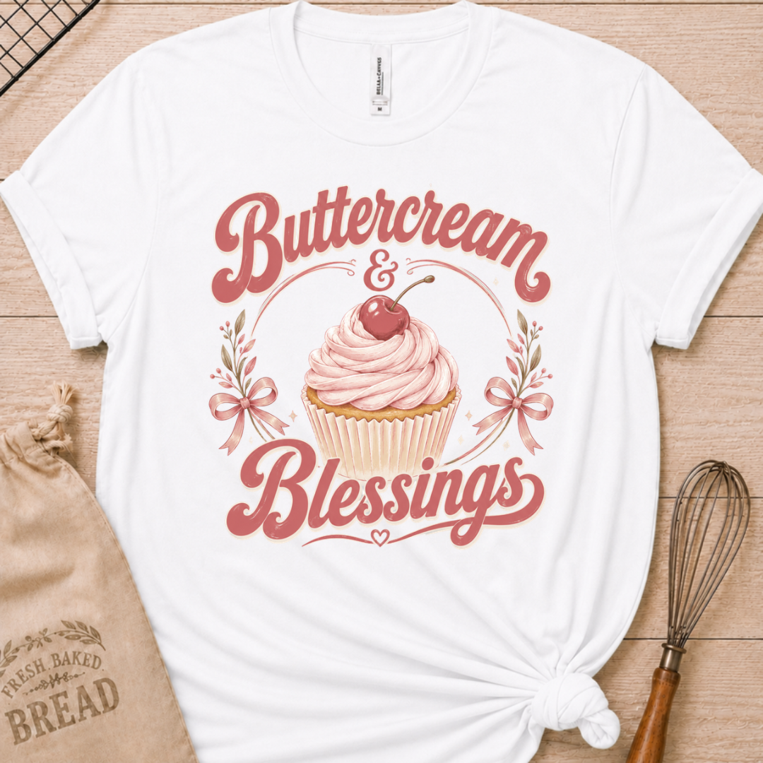 White women's relaxed fit t-shirt reading Buttercream and Blessings with a frosted cupcake illustration.