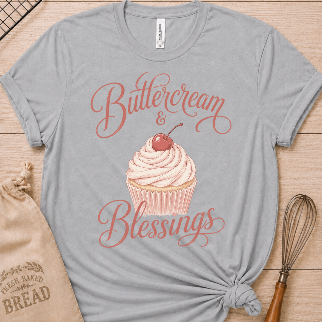 Athletic heather women's relaxed fit t-shirt reading Buttercream and Blessings with a frosted cupcake and a delicate bow.