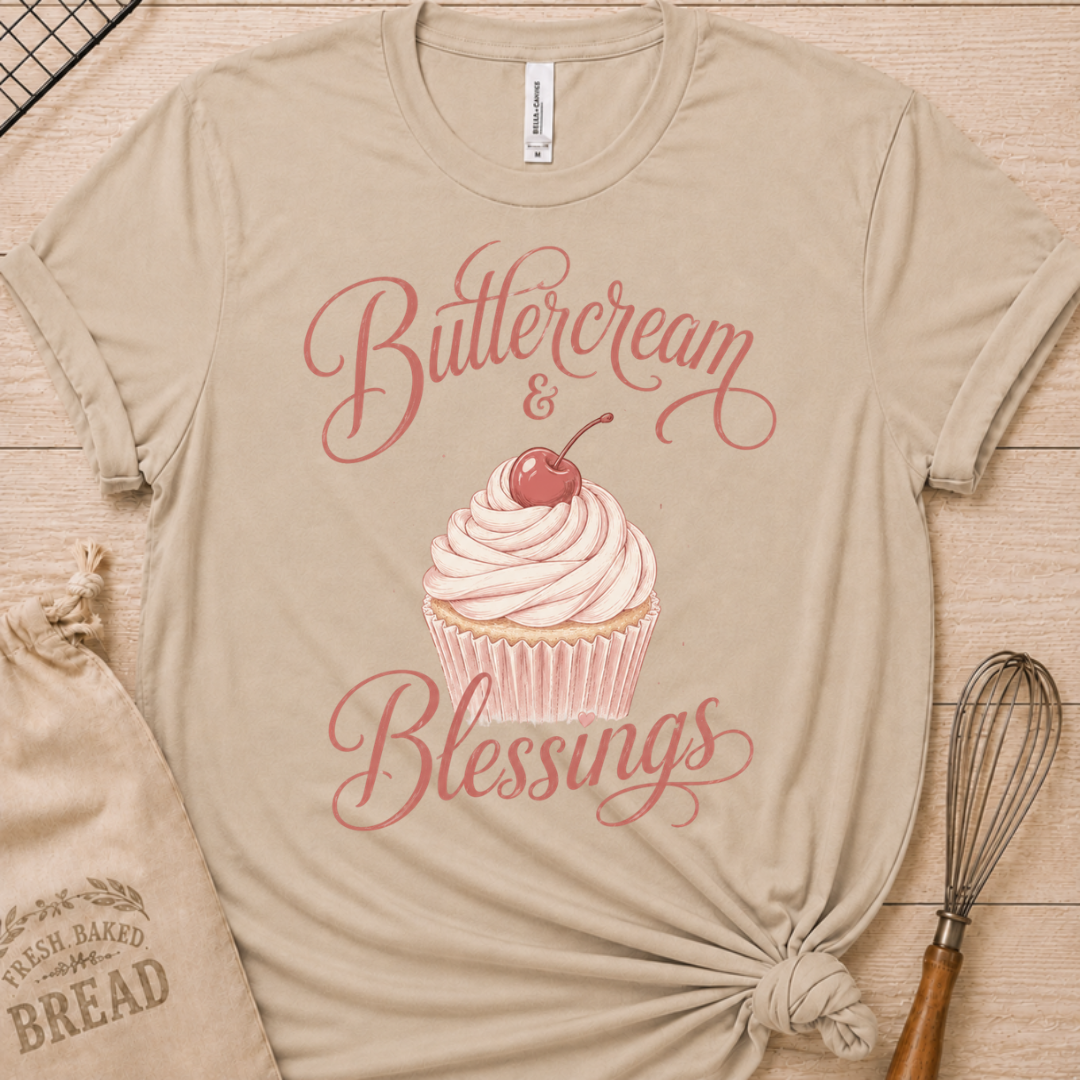 Heather stone women's relaxed fit t-shirt reading Buttercream and Blessings with a frosted cupcake and a delicate bow.