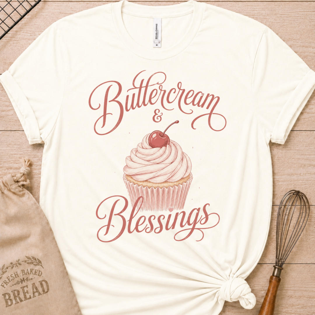 Vintage white women's relaxed fit t-shirt reading Buttercream and Blessings with a frosted cupcake and a delicate bow.