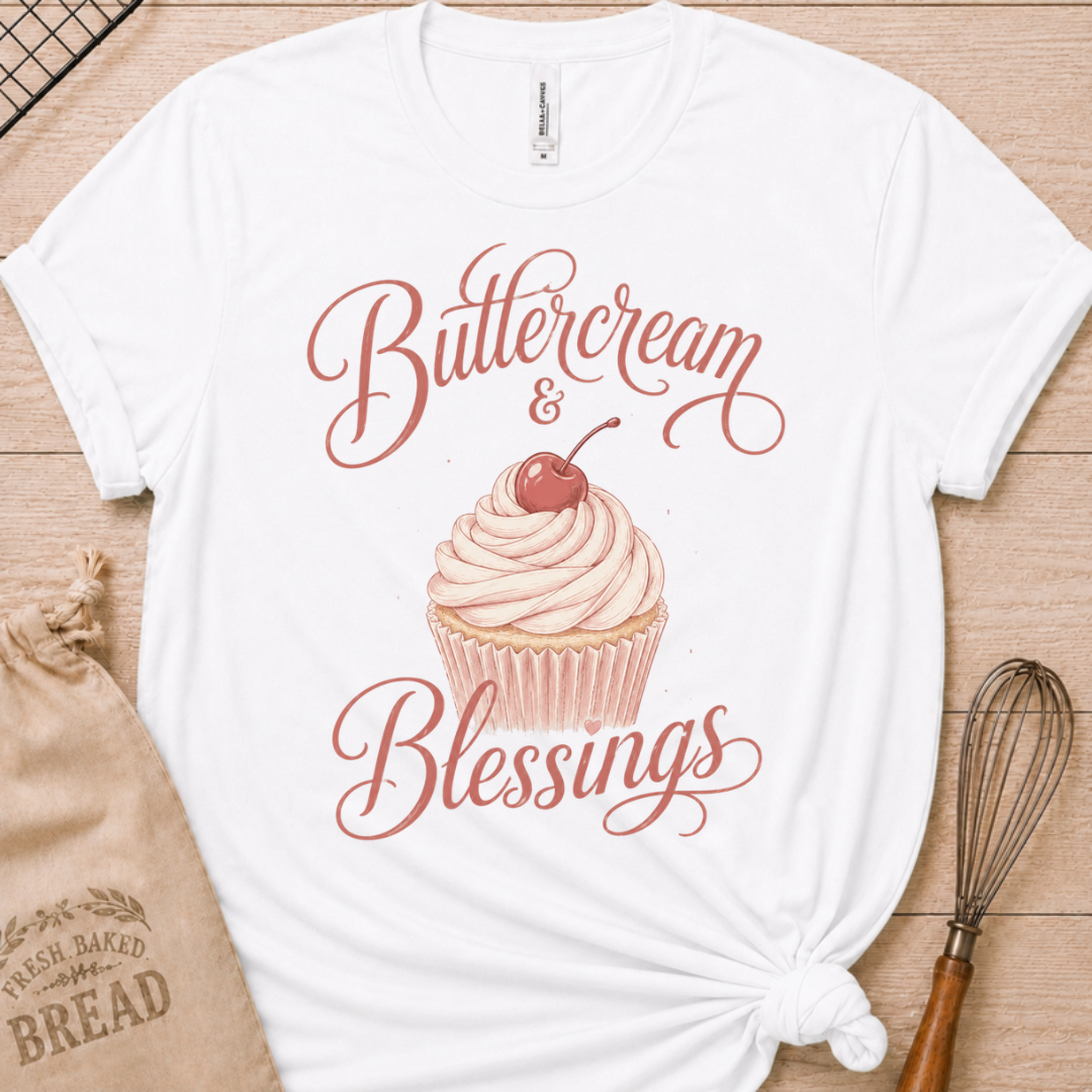 White women's relaxed fit t-shirt reading Buttercream and Blessings with a frosted cupcake and a delicate bow.