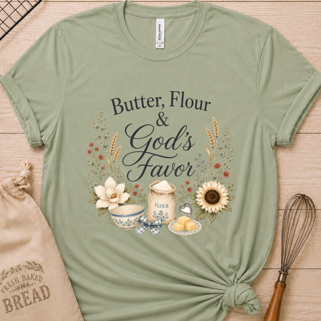 Sage green women's relaxed fit t-shirt reading Butter, Flour and God's Favor, framed by a flour sack, a mixing bowl, butter, a sunflower, and wildflowers.