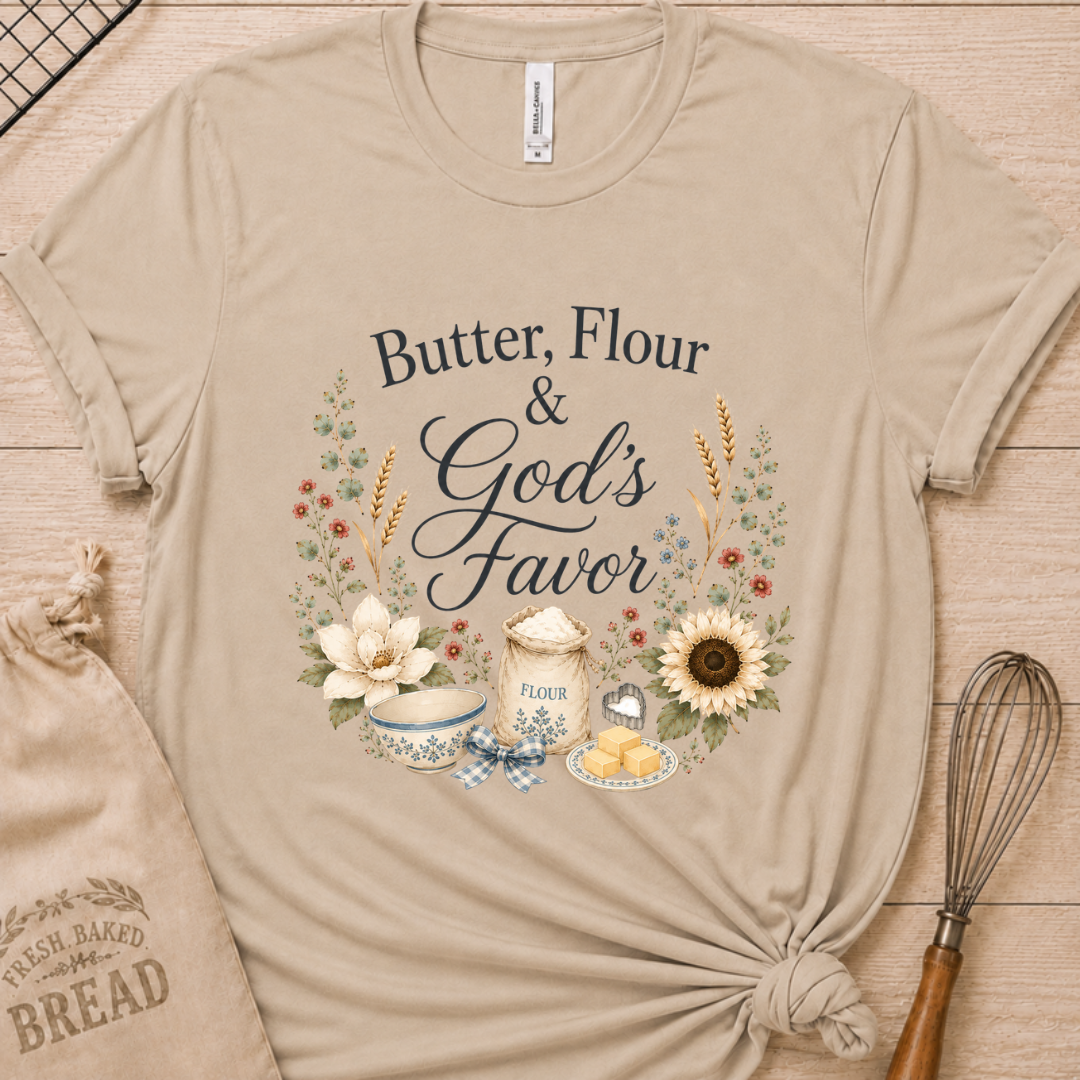Heather stone women's relaxed fit t-shirt reading Butter, Flour and God's Favor, framed by a flour sack, a mixing bowl, butter, a sunflower, and wildflowers.