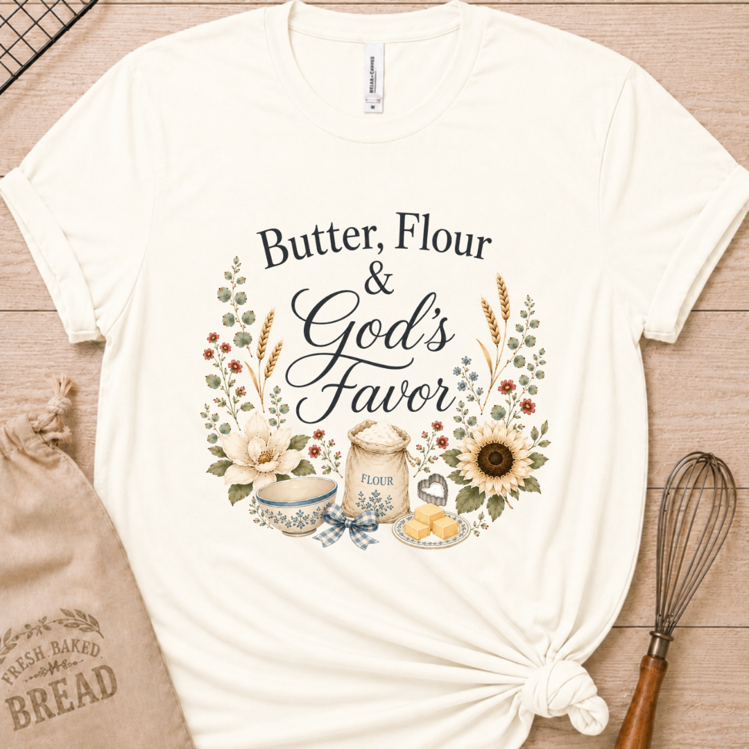 Vintage white women's relaxed fit t-shirt reading Butter, Flour and God's Favor, framed by a flour sack, a mixing bowl, butter, a sunflower, and wildflowers.