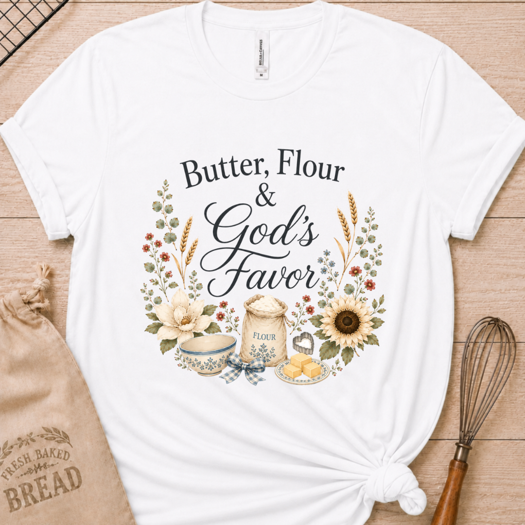 White women's relaxed fit t-shirt reading Butter, Flour and God's Favor, framed by a flour sack, a mixing bowl, butter, a sunflower, and wildflowers.