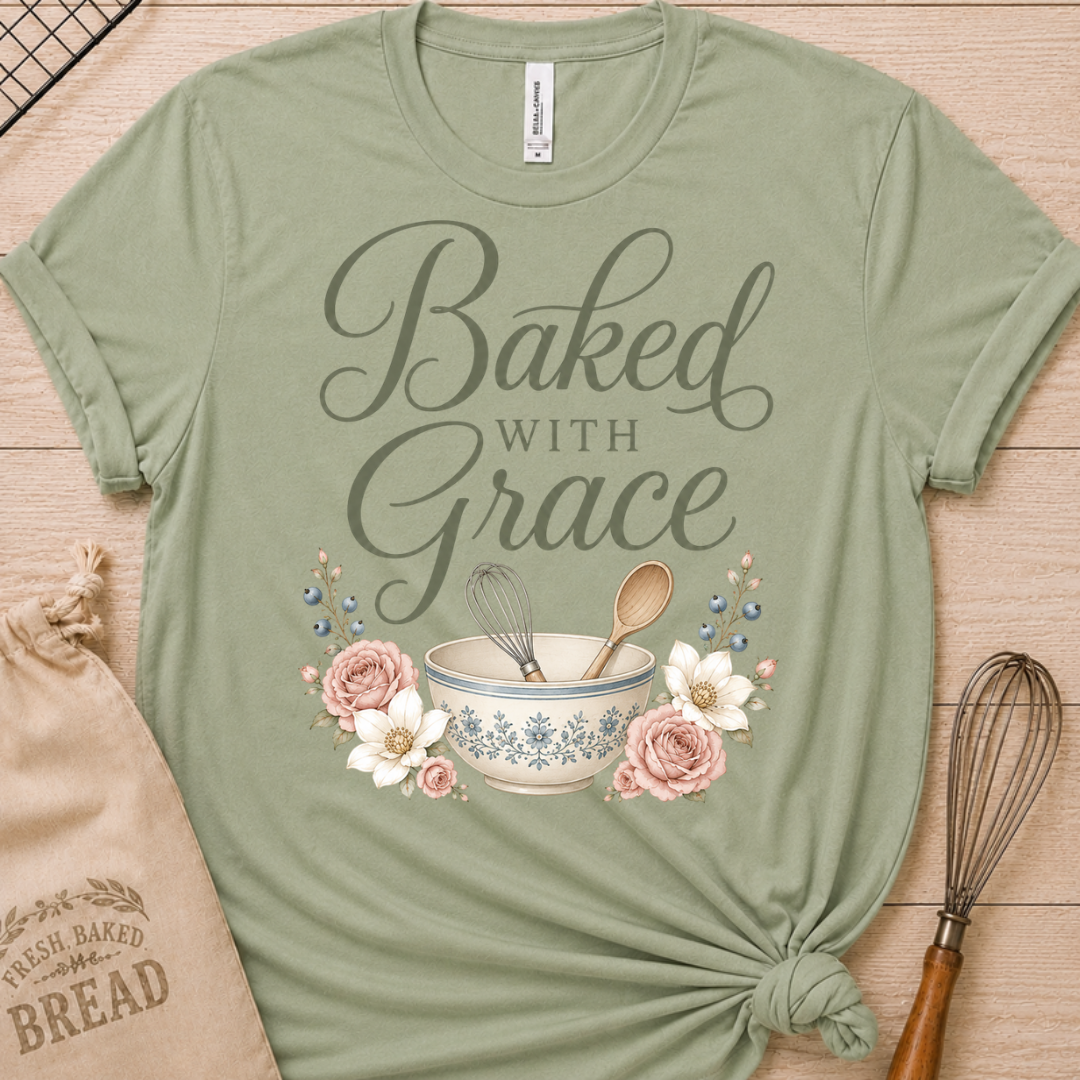 Sage green women's relaxed fit t-shirt with Baked with Grace in script surrounded by soft blue watercolor florals.