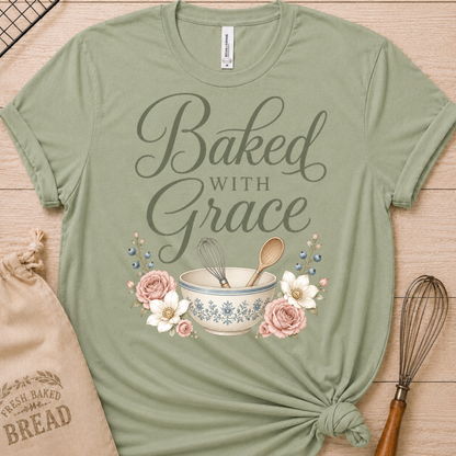Sage green women's relaxed fit t-shirt with Baked with Grace in script surrounded by soft blue watercolor florals.