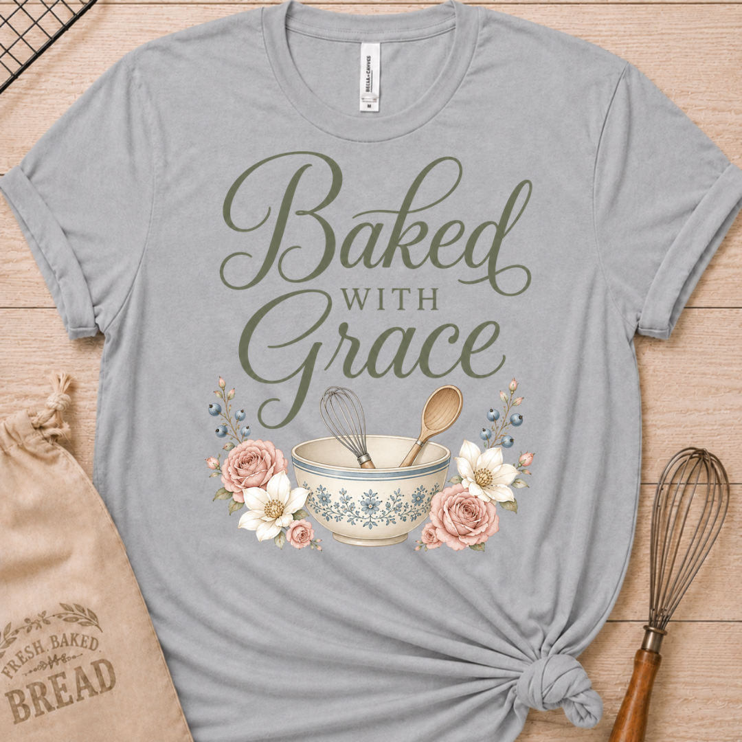 Athletic heather women's relaxed fit t-shirt with Baked with Grace in script surrounded by soft blue watercolor florals.