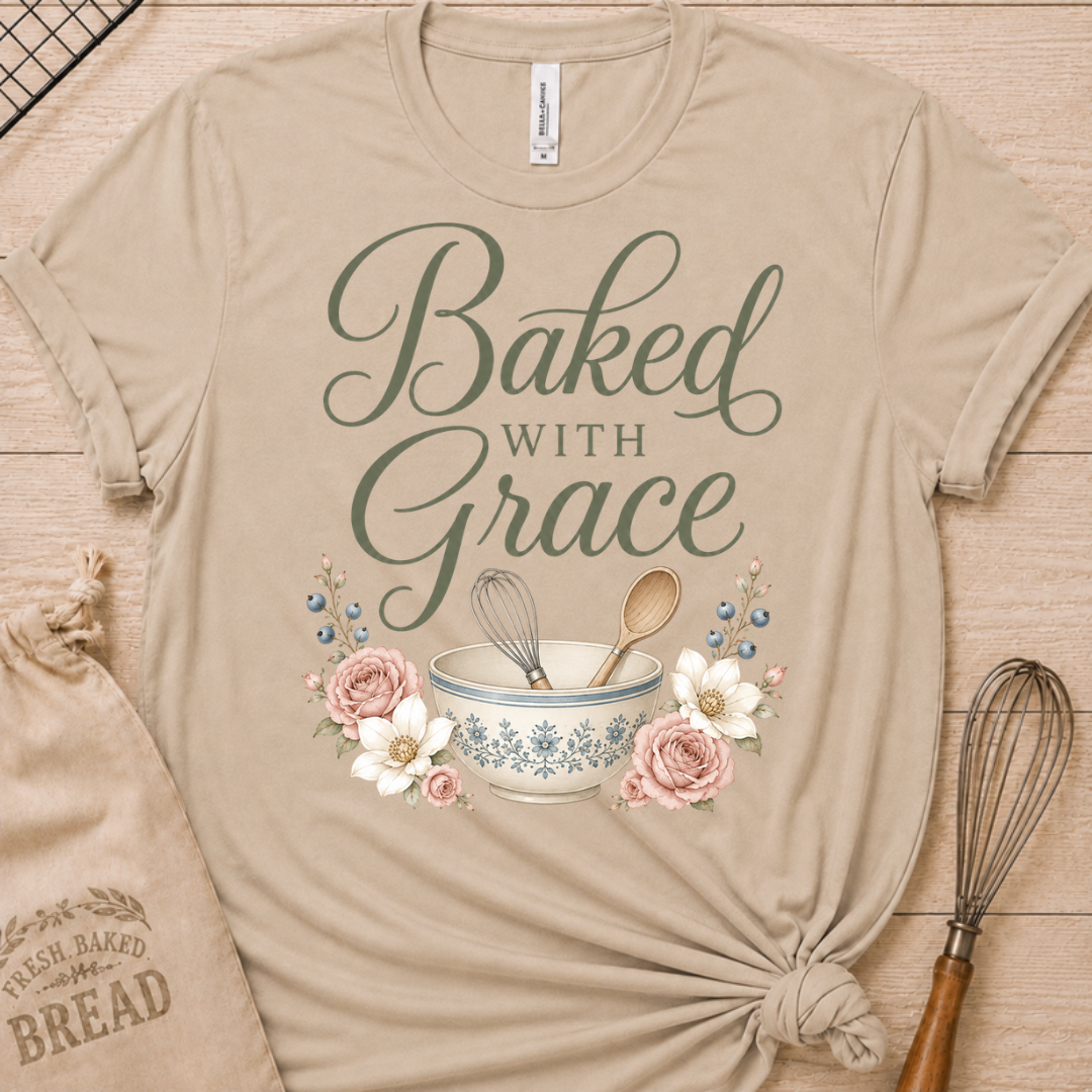 Heather stone women's relaxed fit t-shirt with Baked with Grace in script surrounded by soft blue watercolor florals.